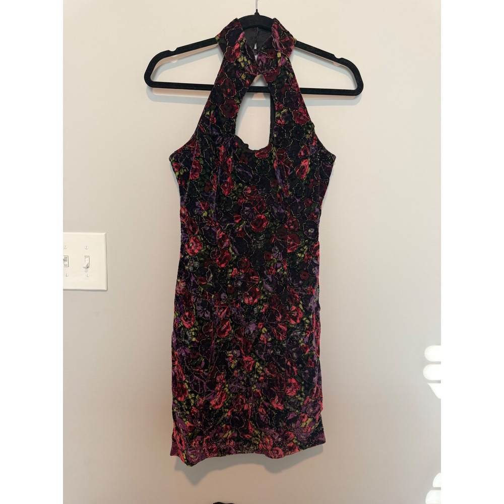 Vintage Roberta Floral Velvet Halter Mini Dress Gold Metallic Keyhole 90s 3/4